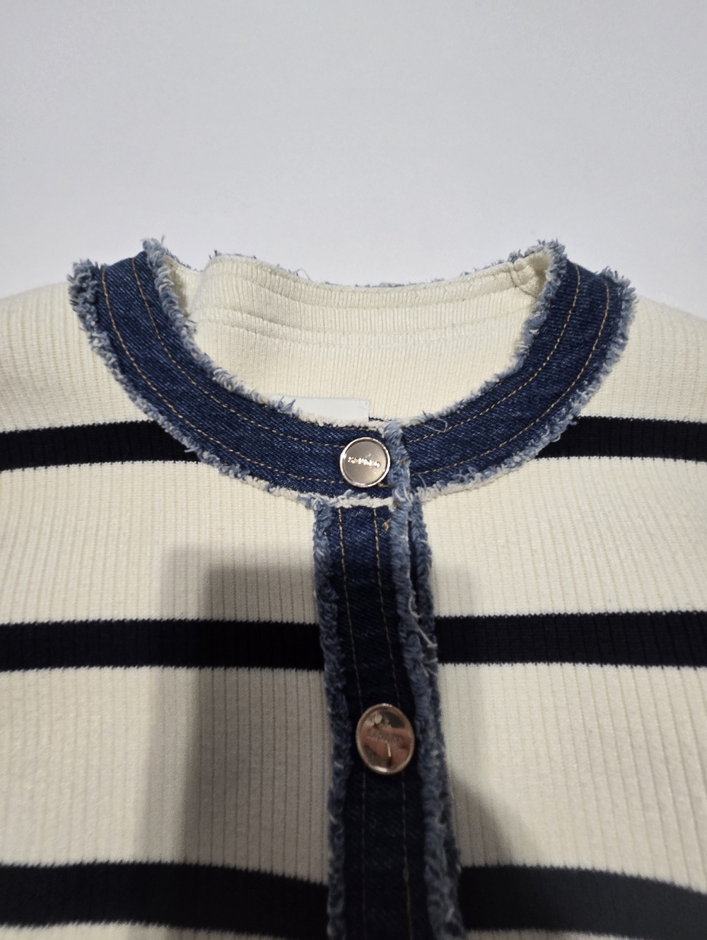 Sandro Stripey Cardigan With Denim Details Knit Crew Neck Long Sleeves Size S - Picture 3 of 13